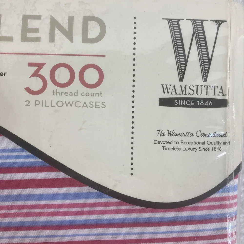 Wamsutta 300 Thread Count 2 Pillowcases Queen Stripe Red Blue‎ NOS Spring 2007
